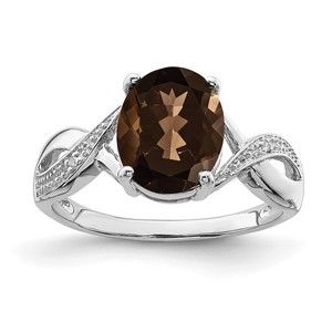 925 Sterling Silver Rhodium Smoky Quartz & Diamond Ring